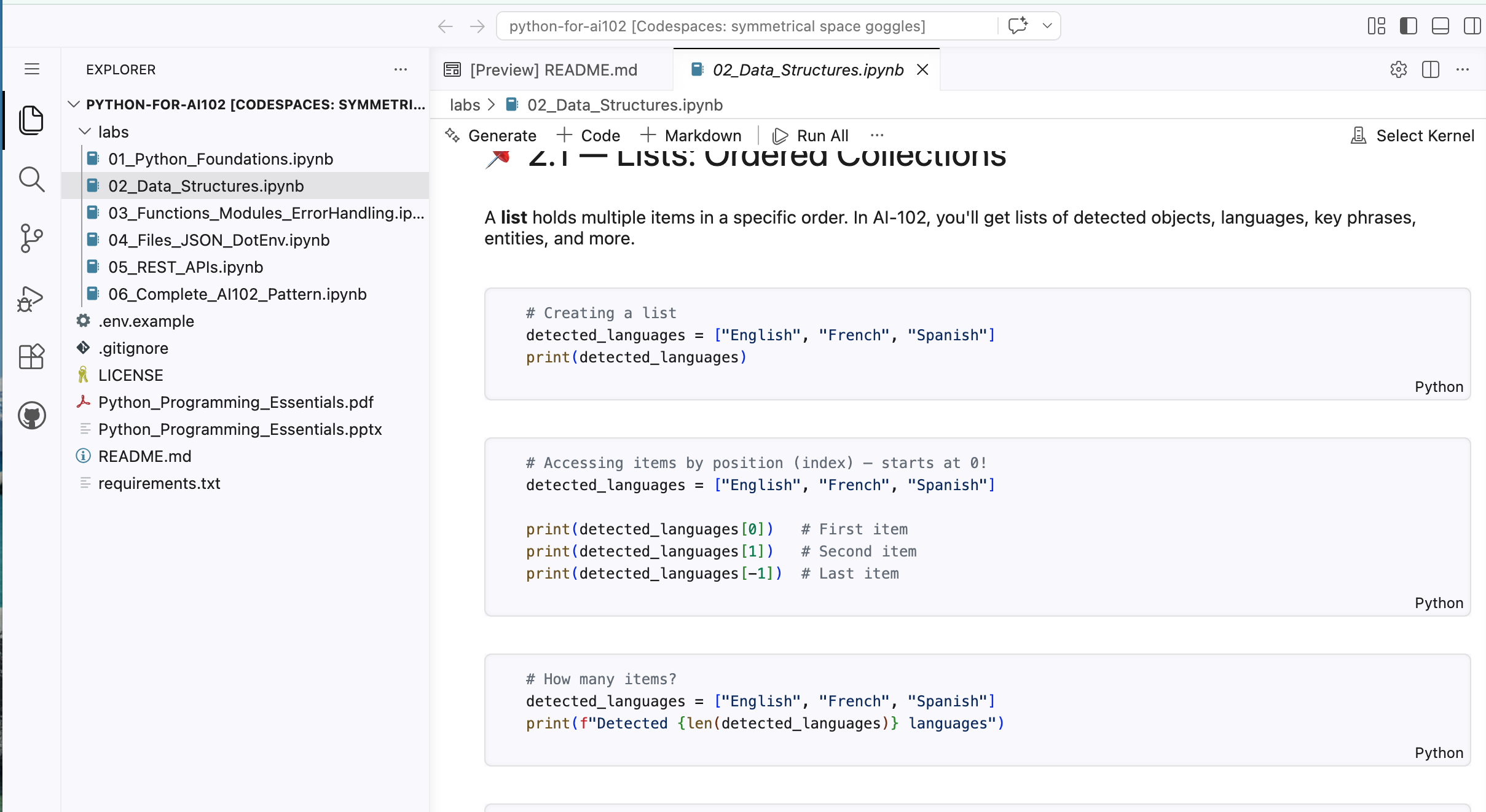Screenshot of the python-for-ai102 repo open in GitHub Codespaces, showing a Jupyter notebook with Python code for working with Azure AI Services response data.